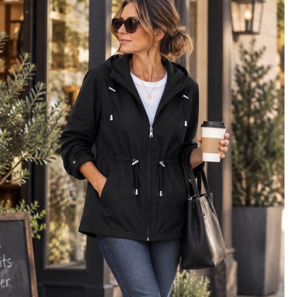 Jones New York Womens Black Hooded Rain Jacket Drawstring Waist Windbreaker L
